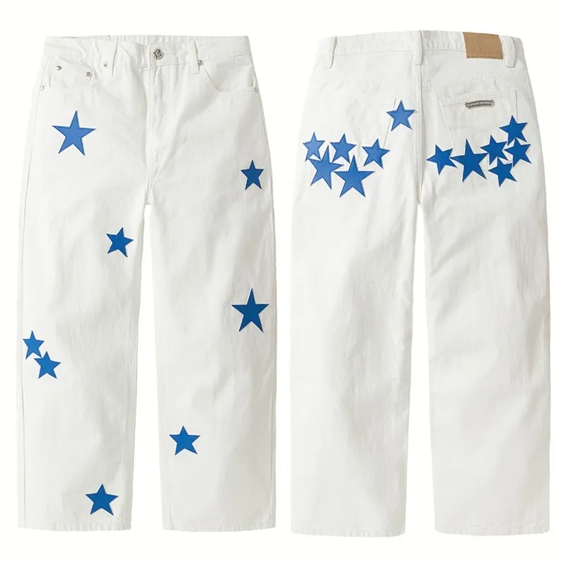 P236 💰 (Top version) chrome hearts ss25 new Fontainebleau limited star 💫 patchwork leather jeans. Styles with different washed textures, very friendly to people with thin legs and thick legs. The slightly flared version is very flattering to the leg shape. Moderate length that never goes out of style, easy and casual to match, basic styling for various styles, a must-have in the wardrobe! The fabric is stiff but also makes the upper body soft without losing texture. The washing process is even more perfect. It is a must-have item for everyone! ! !   Color: white Size: 28-30-32-34-36 30 32 34 36 Waist circumference 80 85 90 95 Sitting circumference 105 110 115 120 Feet 46 47 48 49 External length 102 103 104 105
